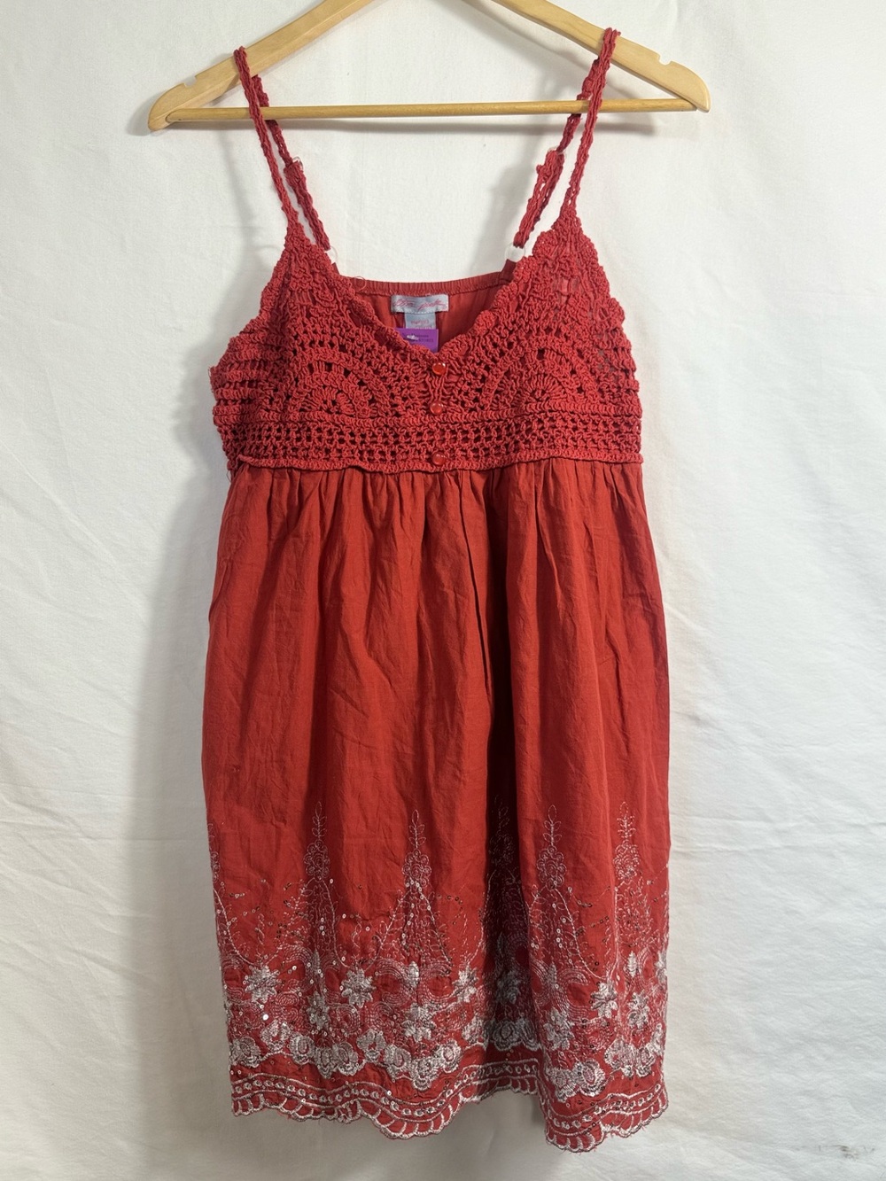 Ultra Pink Boho Crochet Bodice Embroidered Sundress / Mini Dress